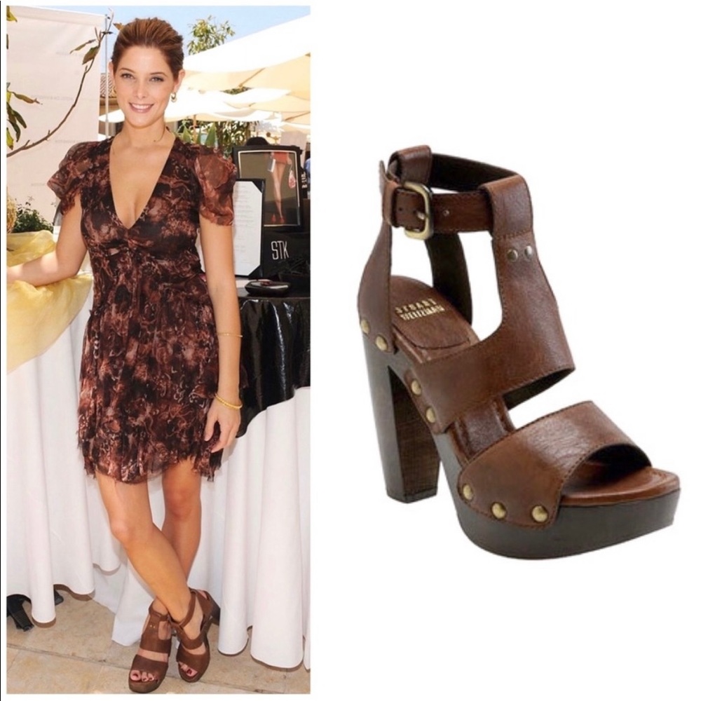 Stuart Weitzman Brown Apron Gladiator Clog Heel Sandals with Studs